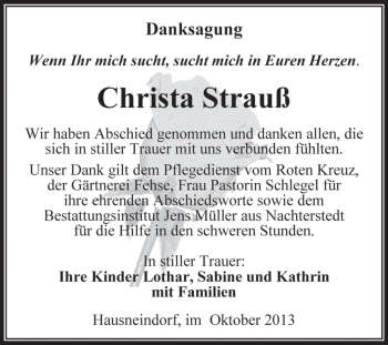 Traueranzeige von Christa Strauß von Super Sonntag Aschersleben