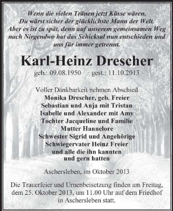 Traueranzeige von Karl-Heinz Drescher von Super Sonntag Aschersleben