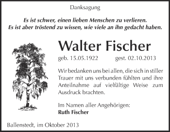 Traueranzeige von Walter Fischer von WVG - Wochenspiegel Quedlinburg