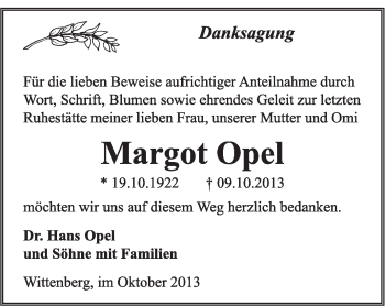 Traueranzeige von Margot Opel von WVG - Wochenspiegel Wittenberg