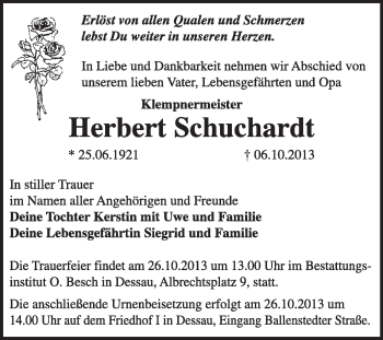 Traueranzeige von Herbert Schuchardt von Super Sonntag Dessau / Köthen