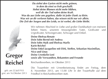 Traueranzeige von Gregor Reichel von WVG - Wochenspiegel NMB / WSF / ZTZ