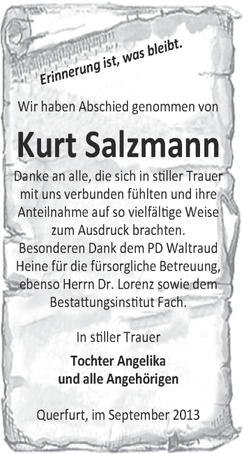 Traueranzeige von Kurt Salzmann von WVG - Wochenspiegel Merseburg