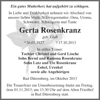 Traueranzeige von Gerta Rosenkranz von Super Sonntag Merseburg