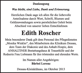 Traueranzeige von Edith Roscher von Super Sonntag Dessau / Köthen
