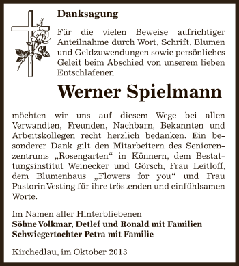Traueranzeige von Werner Spielmann von Super Sonntag Bernburg