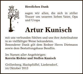 Traueranzeige von Artur Kunisch von Super Sonntag SGH Mansf. Land