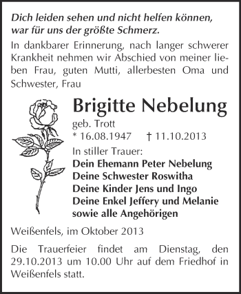 Traueranzeige von Brigitte Nebelung von WVG - Wochenspiegel NMB / WSF / ZTZ