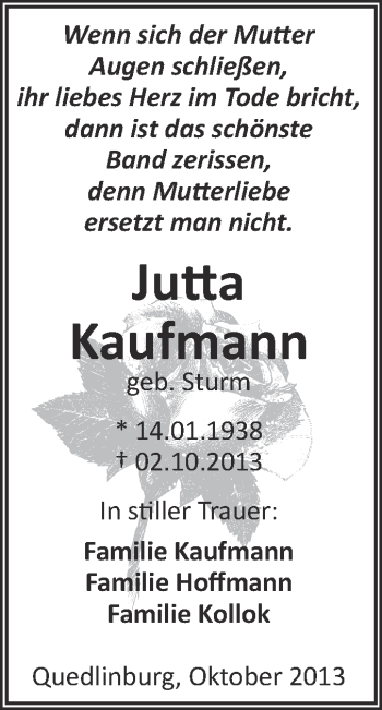 Traueranzeige von Jutta Kaufmann von WVG - Wochenspiegel Quedlinburg