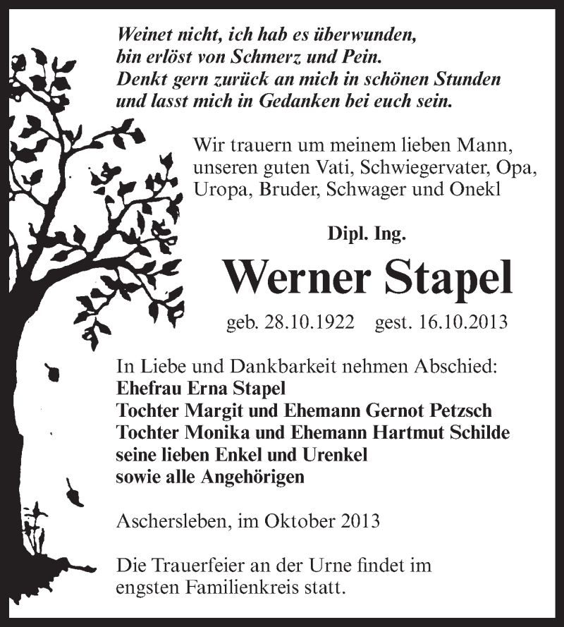  Traueranzeige für Werner Stapel vom 23.10.2013 aus WVG - Wochenspiegel Aschersleben