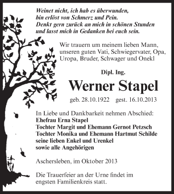 Traueranzeige von Werner Stapel von WVG - Wochenspiegel Aschersleben