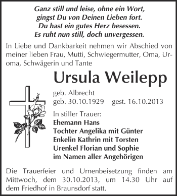 Traueranzeige von Ursula Weilepp von WVG - Wochenspiegel Merseburg