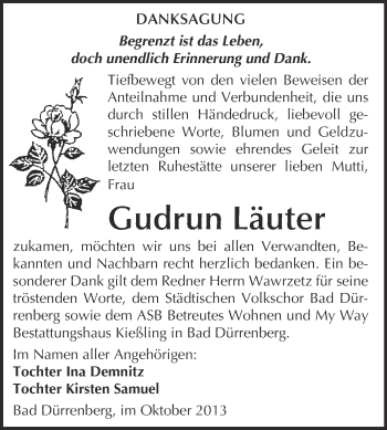 Traueranzeige von Gudrun Läuter von Super Sonntag Merseburg
