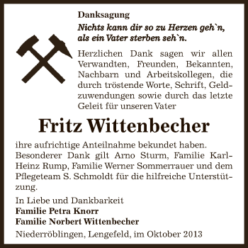 Traueranzeige von Fritz Wittenbecher von Super Sonntag SGH Mansf. Land