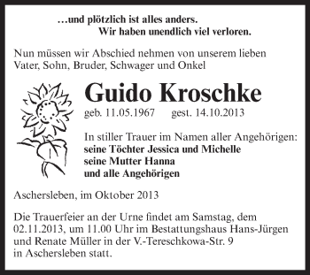 Traueranzeige von Guido Kroschke von WVG - Wochenspiegel Aschersleben