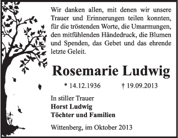 Traueranzeige von Rosemarie Ludwig von WVG - Wochenspiegel Wittenberg