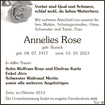 Traueranzeige von Annelies Rose von Super Sonntag Zeitz