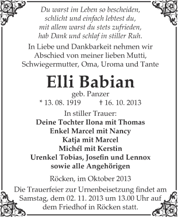 Traueranzeige von Elli Babian von Super Sonntag Merseburg