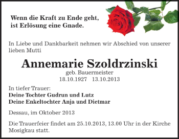 Traueranzeige von Annemarie Szoldrzinski von WVG - Wochenspiegel Dessau / Köthen