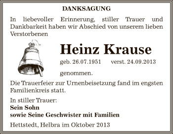 Traueranzeige von Heinz Krause von Wochenspiegel Mansfelder Land