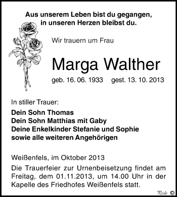 Traueranzeige von Marga Walther von WVG - Wochenspiegel NMB / WSF / ZTZ