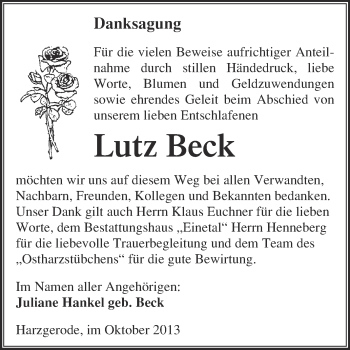 Traueranzeige von Lutz Beck von WVG - Wochenspiegel Quedlinburg