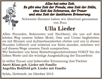 Traueranzeige von Ulla Lieder von Wochenspiegel Mansfelder Land