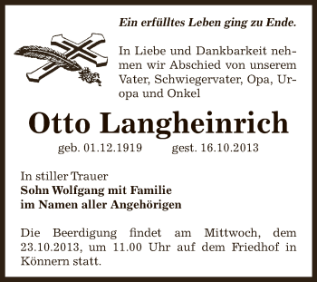 Traueranzeige von Otto Langheinrich von Super Sonntag Bernburg