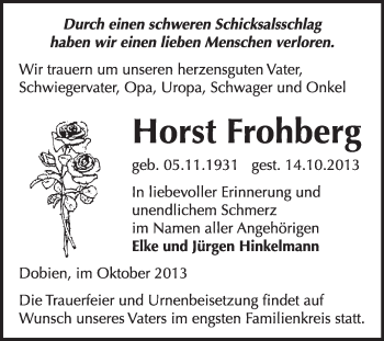 Traueranzeige von Horst Frohberg von WVG - Wochenspiegel Wittenberg