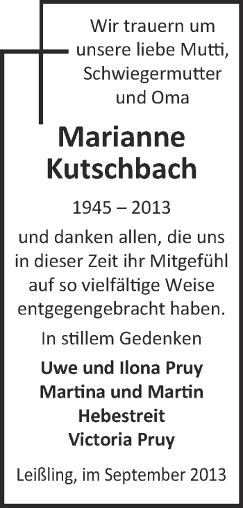 Traueranzeige von Marianne Kutschbach von WVG - Wochenspiegel NMB / WSF / ZTZ