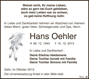 Traueranzeige von Hans Oehler von Super Sonntag Zeitz