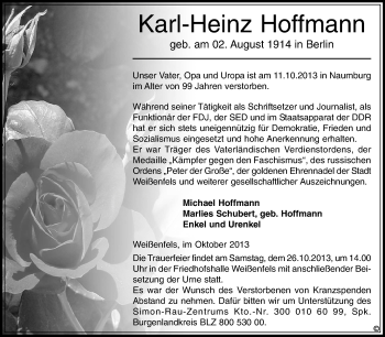 Traueranzeige von Karl-Heinz Hoffmann von WVG - Wochenspiegel NMB / WSF / ZTZ