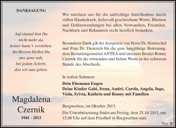 Traueranzeige von Magdalena Czernik von WVG - Wochenspiegel NMB / WSF / ZTZ