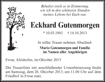 Traueranzeige von Eckhard Gutenmorgen von Super Sonntag Aschersleben