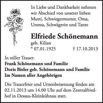 Traueranzeige von Elfriede Schönemann von Super Sonntag Dessau / Köthen