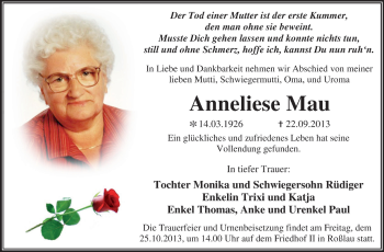 Traueranzeige von Anneliese MAu von Super Sonntag Dessau / Köthen