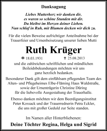 Traueranzeige von Ruth Krüger von Super Sonntag Dessau / Köthen