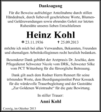 Traueranzeige von Heinz Kohl von Super Sonntag Dessau / Köthen