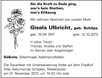 Traueranzeige von Gisela Ulbricht von Super Sonntag Wittenberg