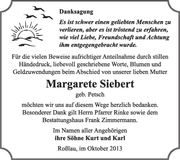 Traueranzeige von Margarete Siebert von Super Sonntag Dessau / Köthen