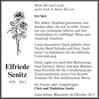 Traueranzeige von Elfriede Senitz von Super Sonntag Aschersleben