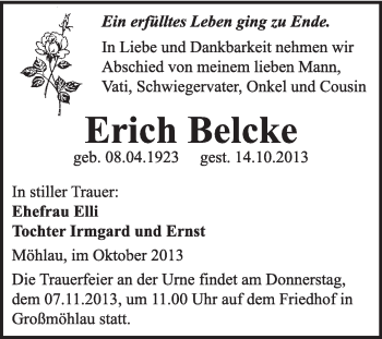 Traueranzeige von Erich Belcke von WVG - Wochenspiegel Wittenberg