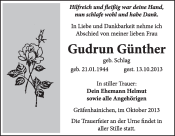 Traueranzeige von Gudrun Günther von WVG - Wochenspiegel Wittenberg