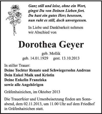 Traueranzeige von Dorothea Geyer von WVG - Wochenspiegel Wittenberg