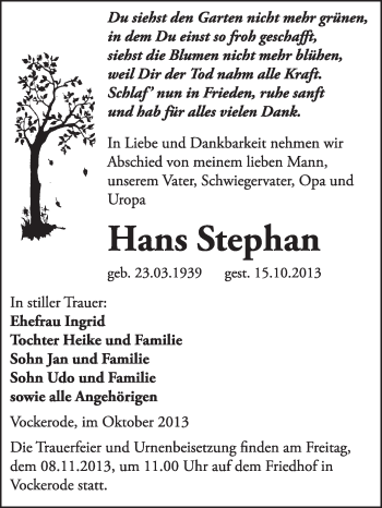 Traueranzeige von Hans Stephan von WVG - Wochenspiegel Wittenberg