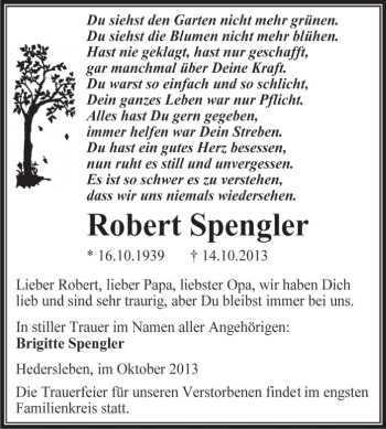 Traueranzeige von Robert Spengler von WVG - Wochenspiegel Aschersleben