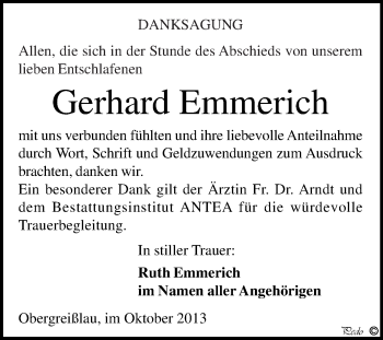 Traueranzeige von Gerhard Emmerich von WVG - Wochenspiegel NMB / WSF / ZTZ