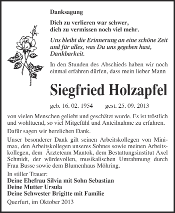 Traueranzeige von Siegfried Holzapfel von WVG - Wochenspiegel NMB / WSF / ZTZ