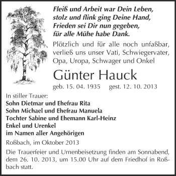 Traueranzeige von Günter Hauck von WVG - Wochenspiegel Merseburg