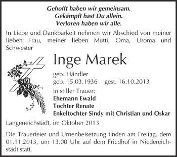 Traueranzeige von Inge Marek von WVG - Wochenspiegel Merseburg